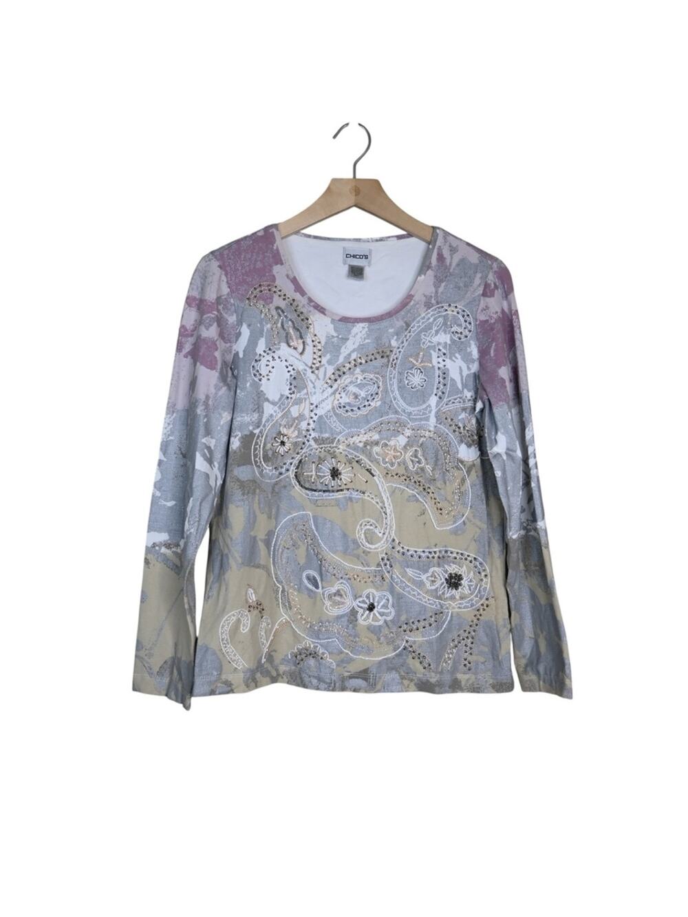 Chico's Women's M Chico's 1 Mixed Media Long Sleeve Bead Embellished Top